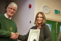 WBKA President Alan Stonell presents the Basic Certificate in Beekeeping to Janet Dodd (Kennet BKA)  at the Wiltshire Bee & Honey Day 2019