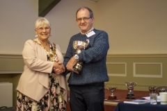 Mayor Judy Rose presents Chris Rawlings (West Wilts BKA) with the Methuen Cup for the individual with the most points in the honey show at the Wiltshire Bee & Honey Day 2019